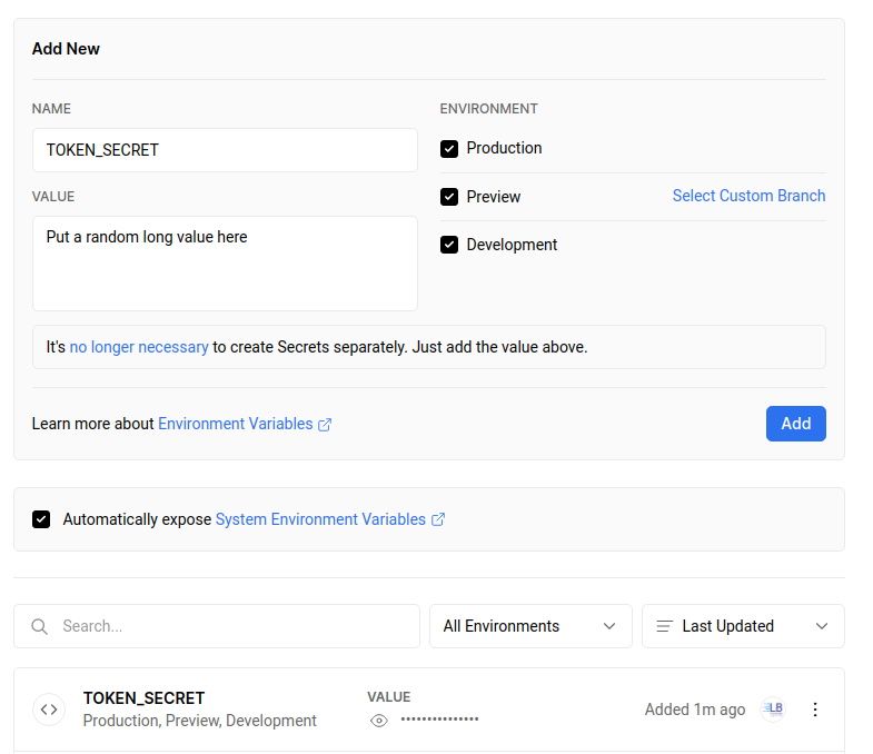 Example setting the secret token 